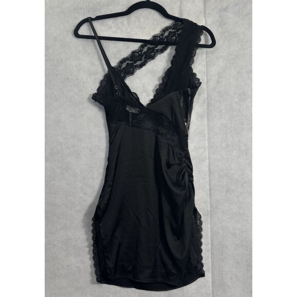 OUTCAST Women Satin Lace Jessica Mini Dress Sz XS Black Alluring Sleek Sexy 5-10 - Picture 3 of 16